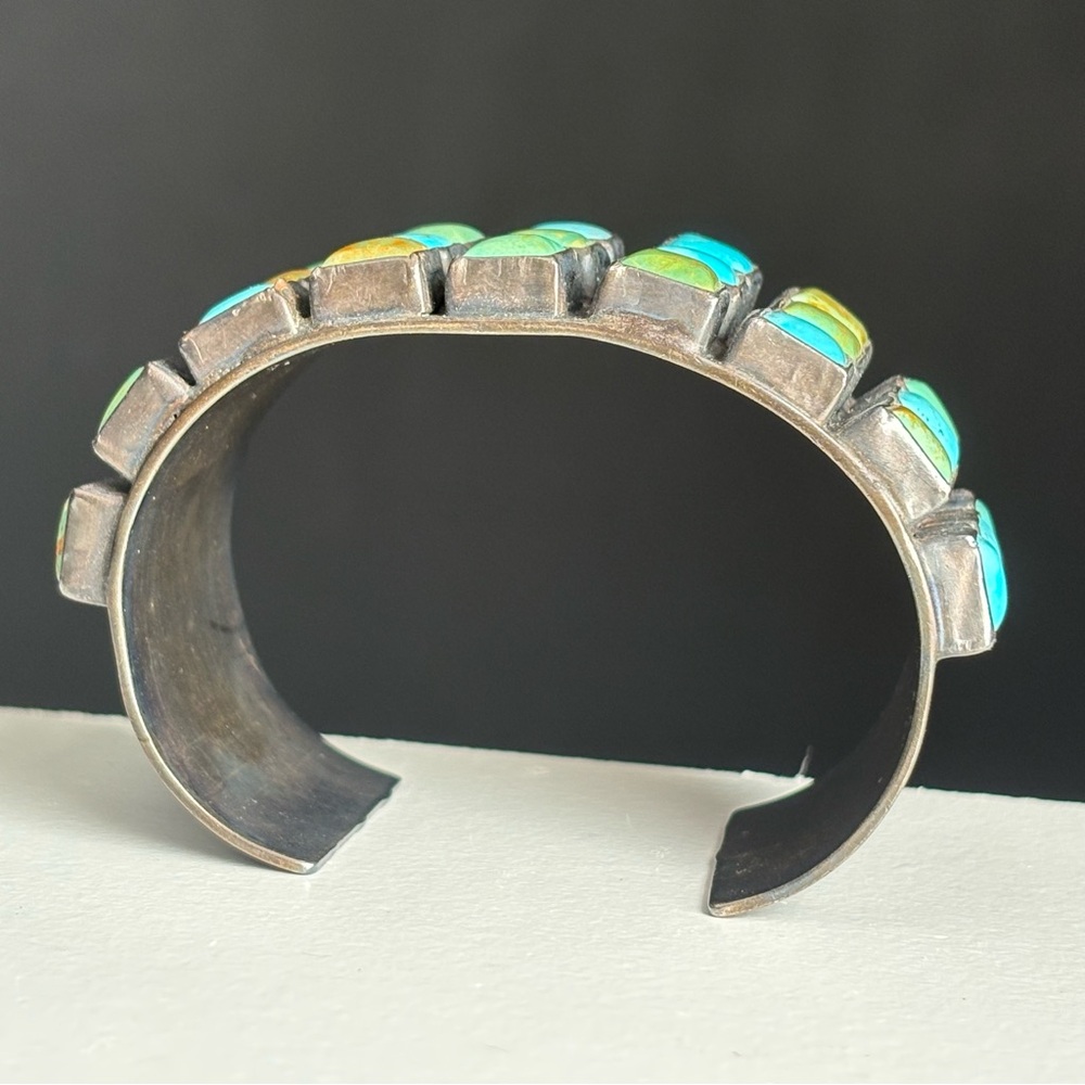 Sterling Silver Zuni Mid Century Mod Square Turquoise Petit Point Row Grid Cuff - Picture 6 of 15